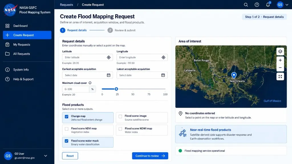 Flood Mapping System request screen, with the area-of-interest map and flood-product choices.