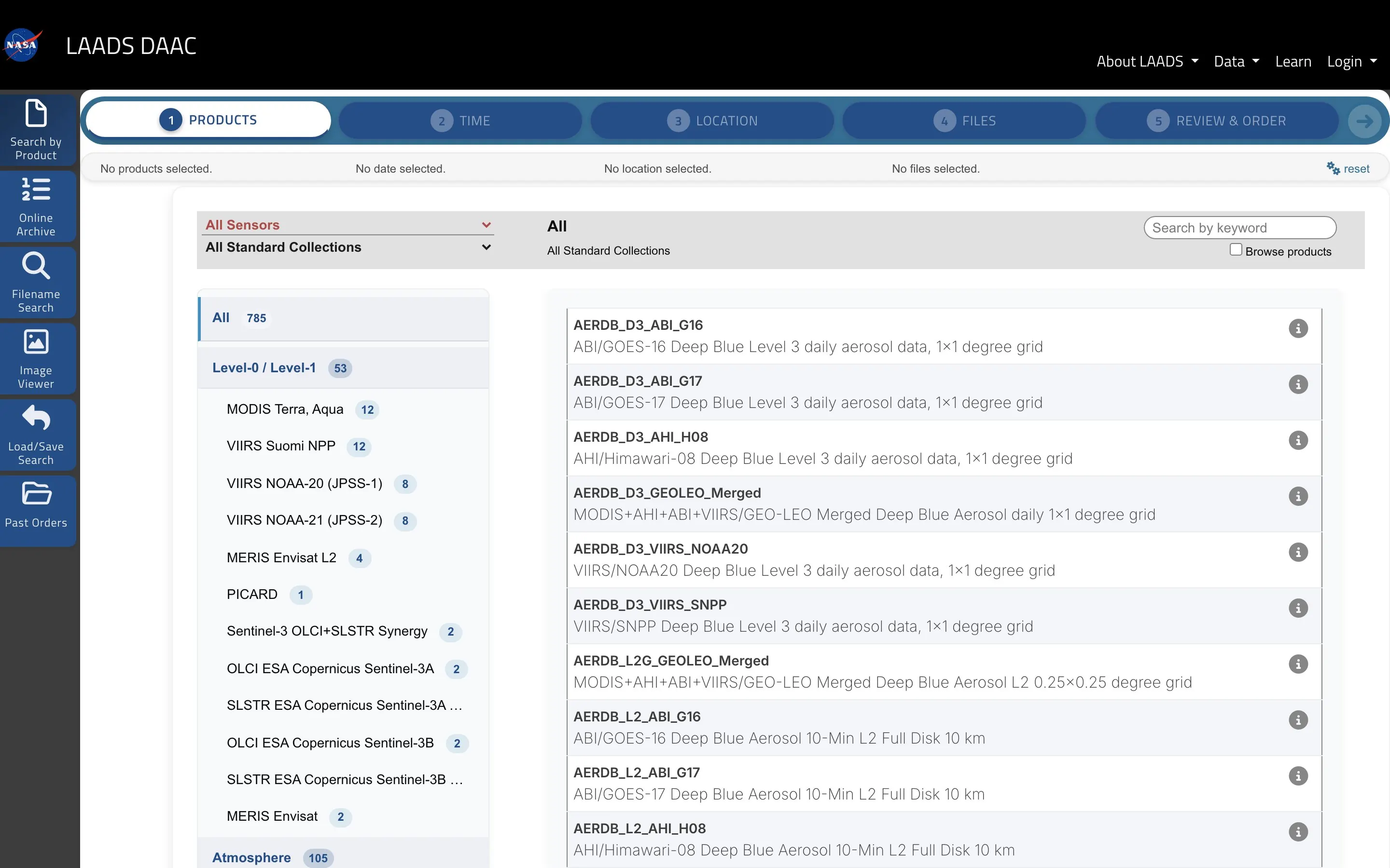 NASA LAADS Find Data — product, time, location, files, and review-and-order wizard for MODIS and VIIRS granules.